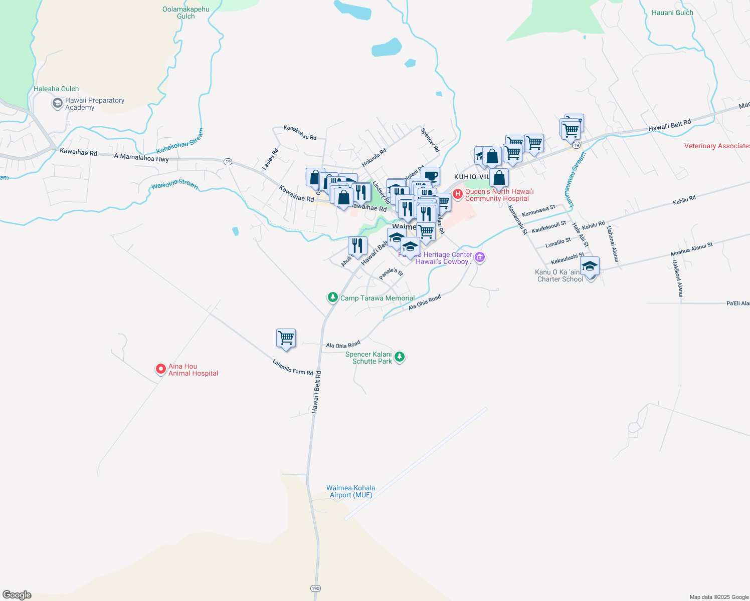 map of restaurants, bars, coffee shops, grocery stores, and more near 67-1275 La'ikealoha Street in Waimea