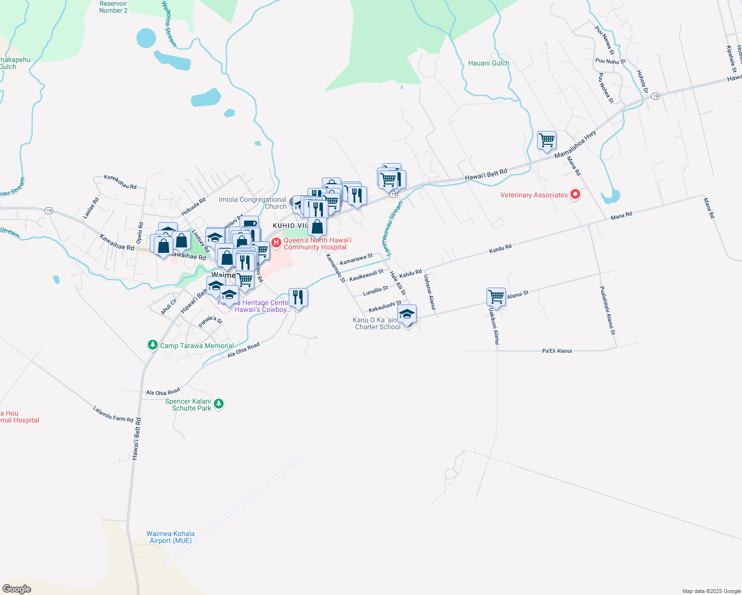 map of restaurants, bars, coffee shops, grocery stores, and more near 64-1053 Lunalilo Street in Waimea