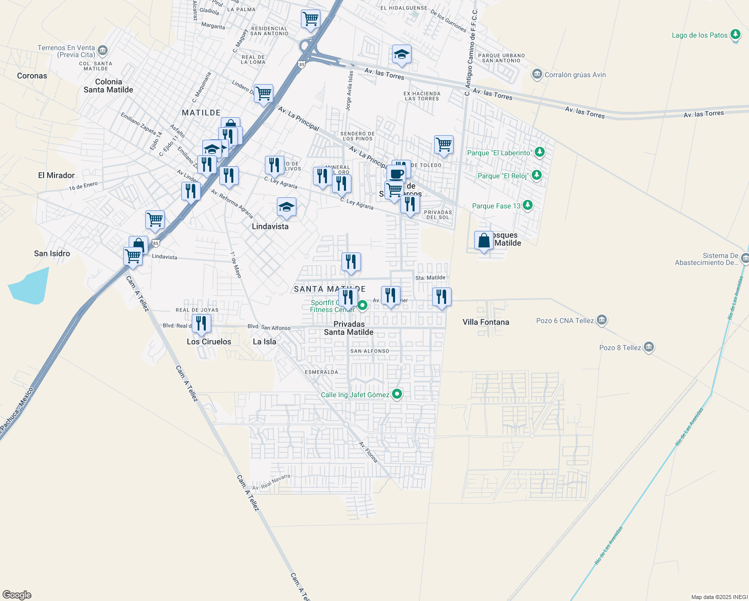 map of restaurants, bars, coffee shops, grocery stores, and more near Avenida San Javier in Privadas Santa Matilde