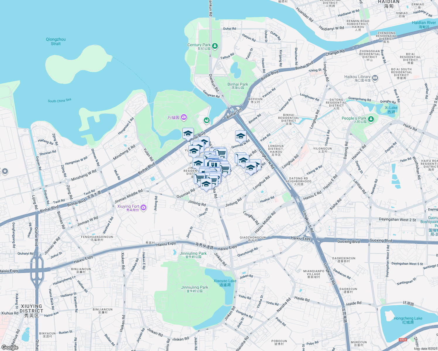 map of restaurants, bars, coffee shops, grocery stores, and more near Guo Mao Lu in Hai Kou Shi