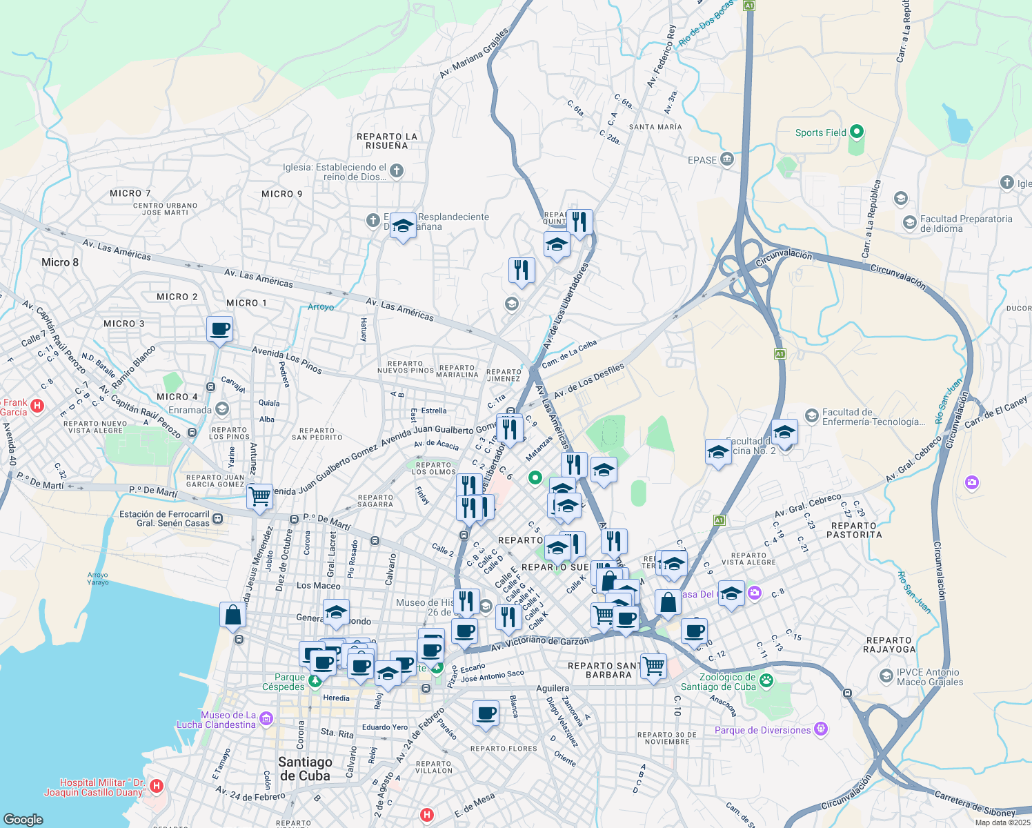 map of restaurants, bars, coffee shops, grocery stores, and more near Avenida de Los Libertadores in Santiago de Cuba