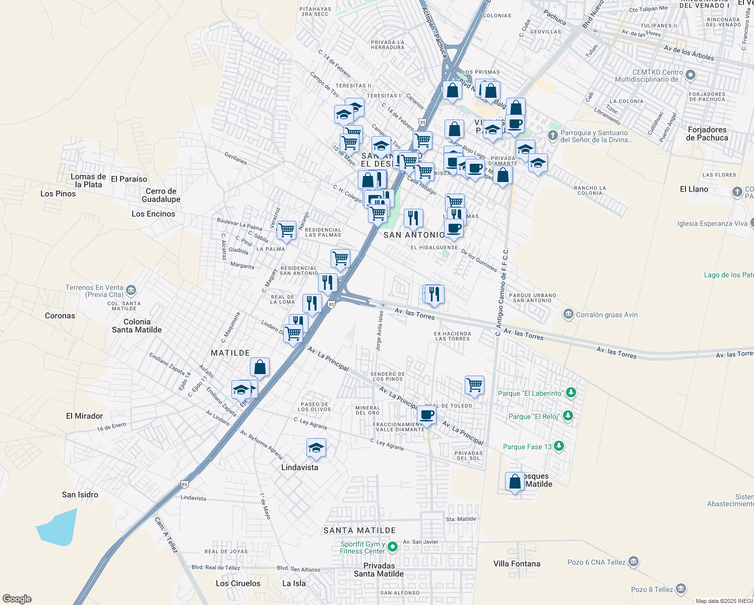 map of restaurants, bars, coffee shops, grocery stores, and more near Boulevard Las Torres in Pachuca de Soto
