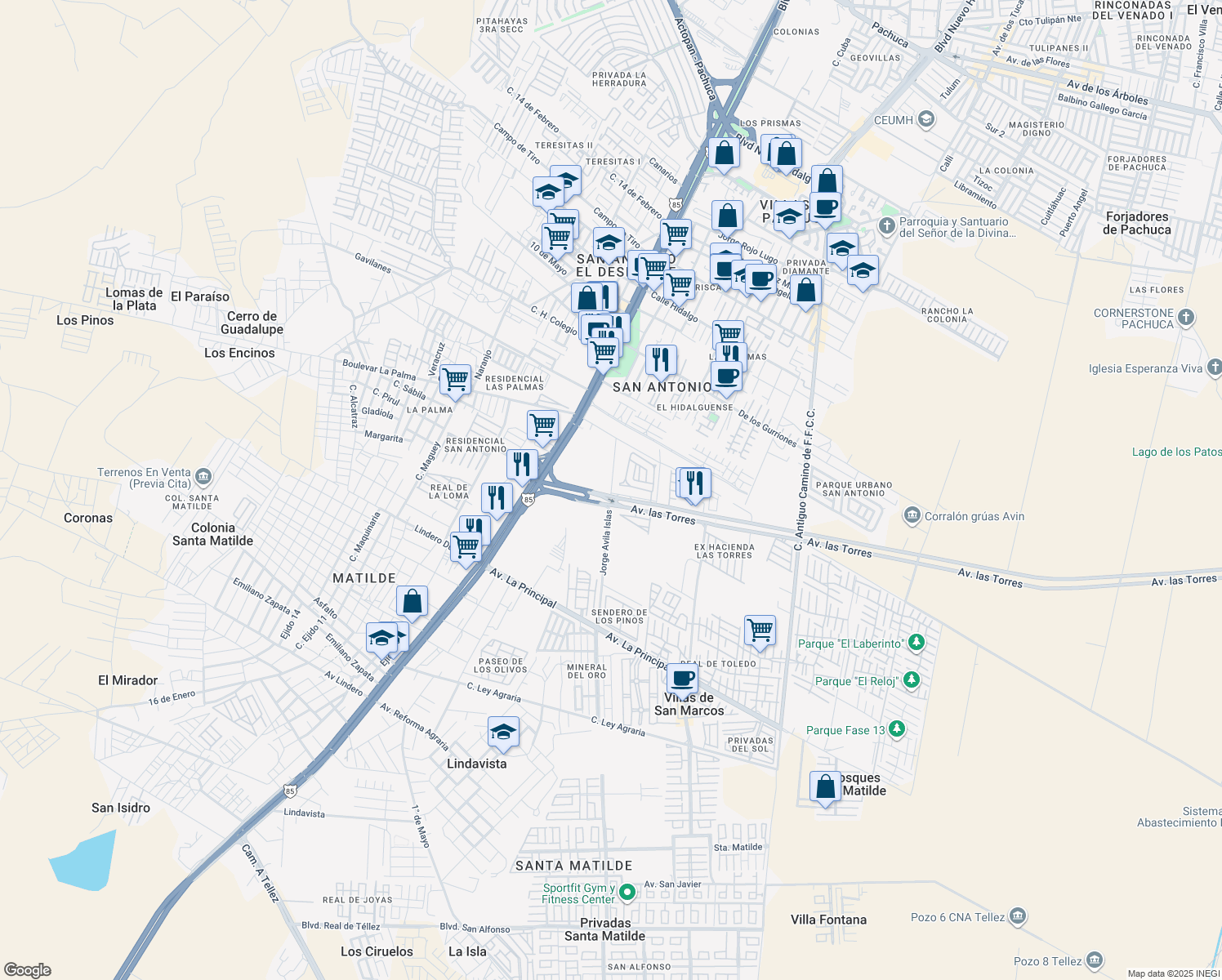 map of restaurants, bars, coffee shops, grocery stores, and more near Boulevard Las Torres in Pachuca de Soto