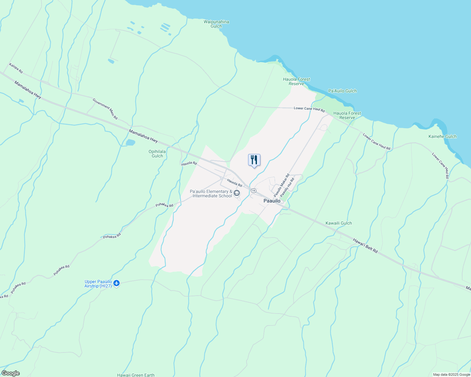 map of restaurants, bars, coffee shops, grocery stores, and more near 43 Hauola Road in Paauilo
