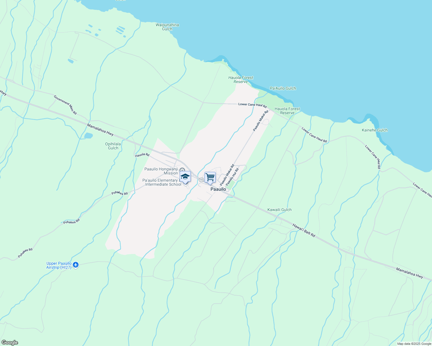 map of restaurants, bars, coffee shops, grocery stores, and more near 43-980 Namilimili Lane in Paauilo
