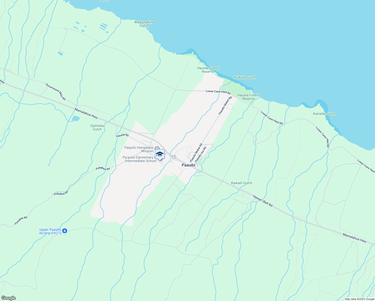 map of restaurants, bars, coffee shops, grocery stores, and more near 43-980 Namilimili Lane in Paauilo