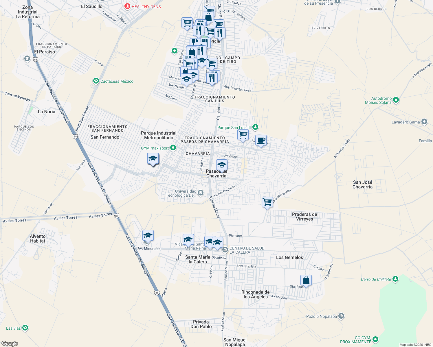 map of restaurants, bars, coffee shops, grocery stores, and more near in Paseos de Chavarría