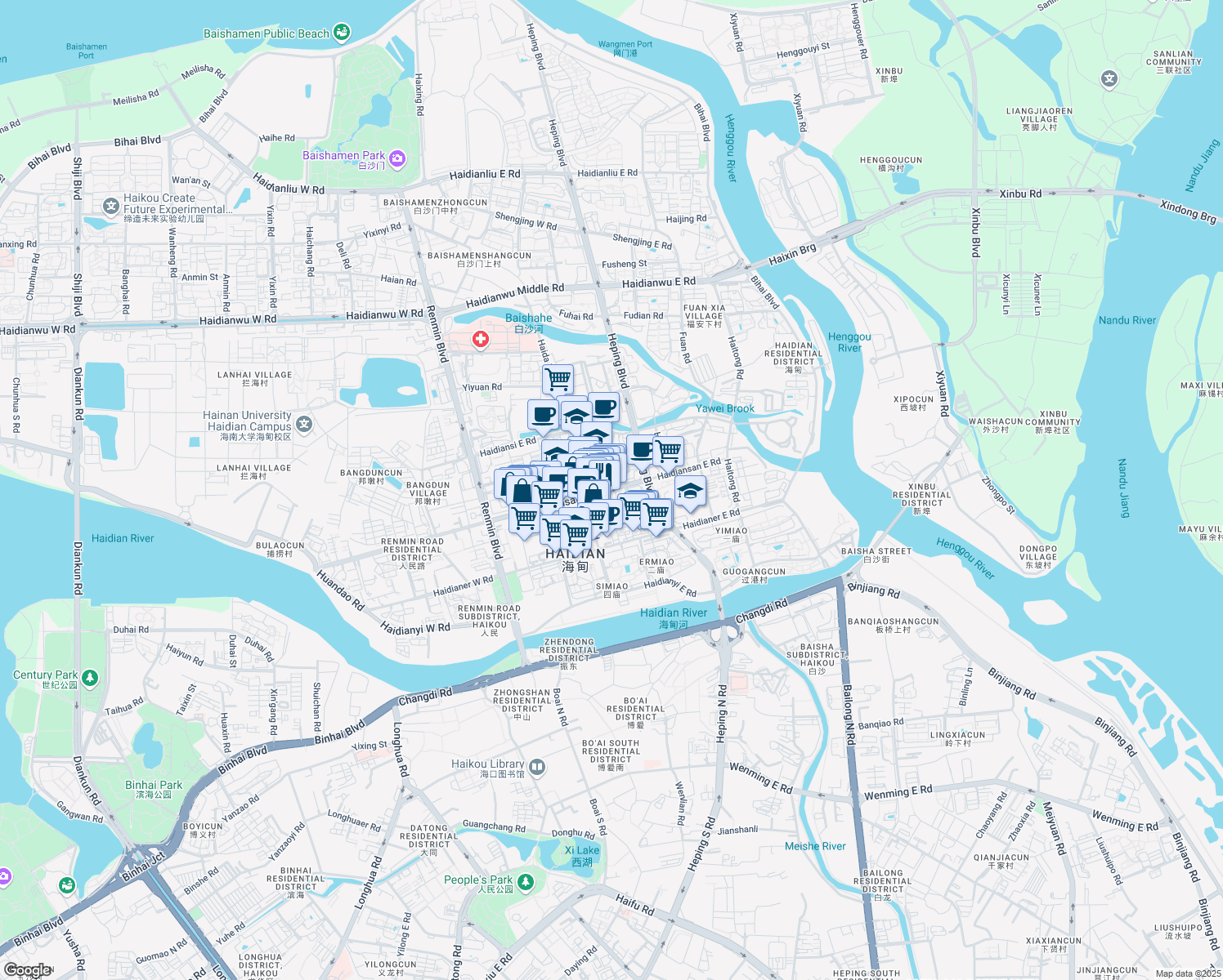 map of restaurants, bars, coffee shops, grocery stores, and more near Hai Dian San Dong Lu in Hai Kou Shi