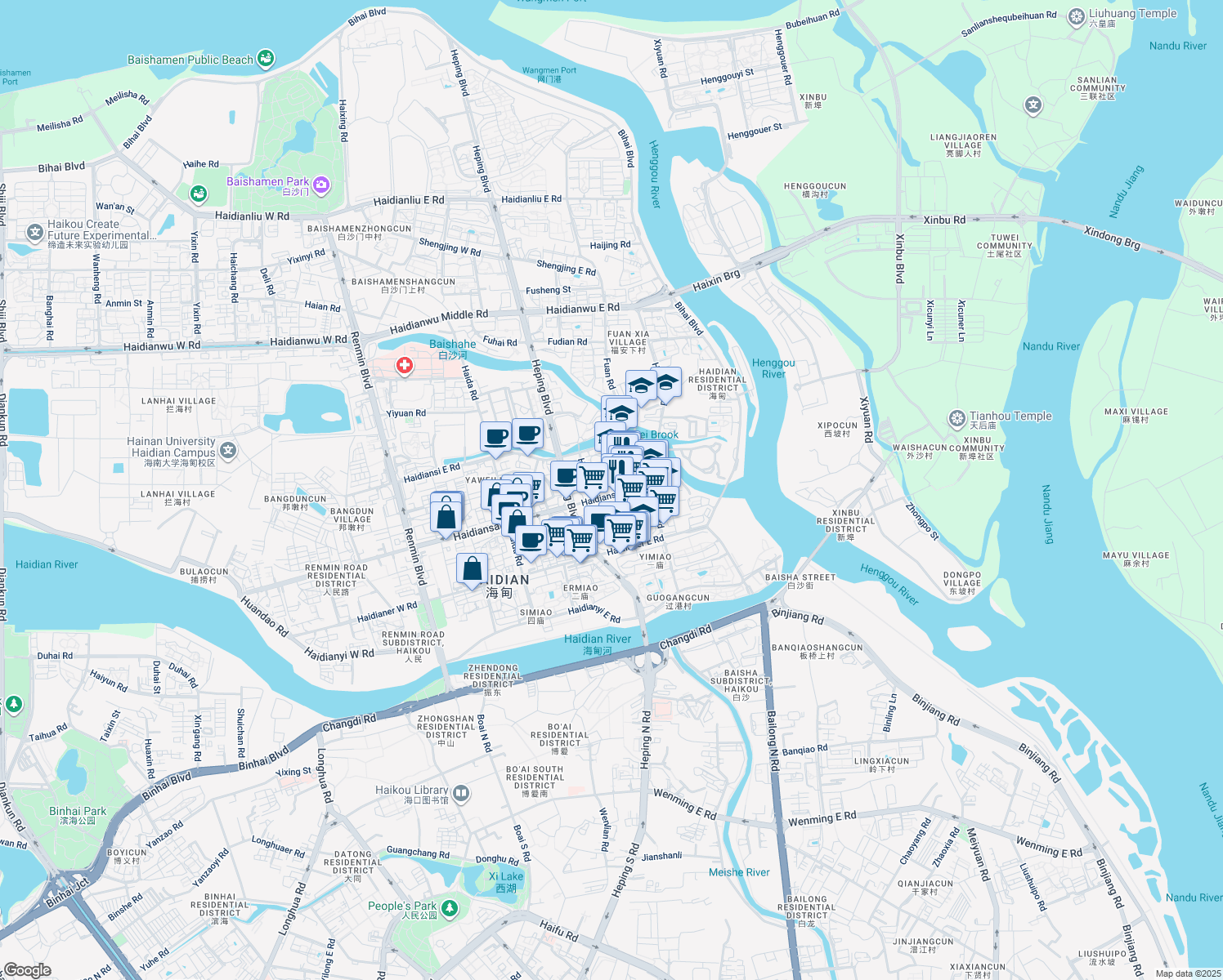 map of restaurants, bars, coffee shops, grocery stores, and more near Hai Dian San Dong Lu in Hai Kou Shi