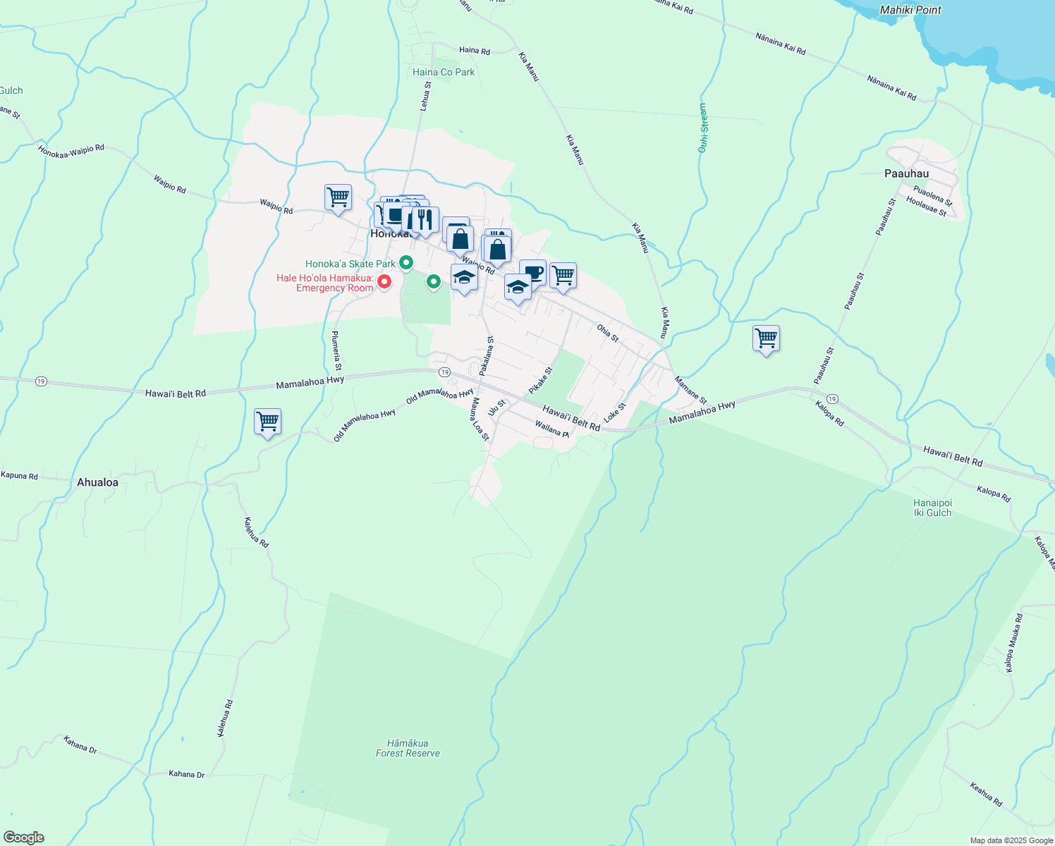 map of restaurants, bars, coffee shops, grocery stores, and more near 45-3291 Wailana Place in Honokaa