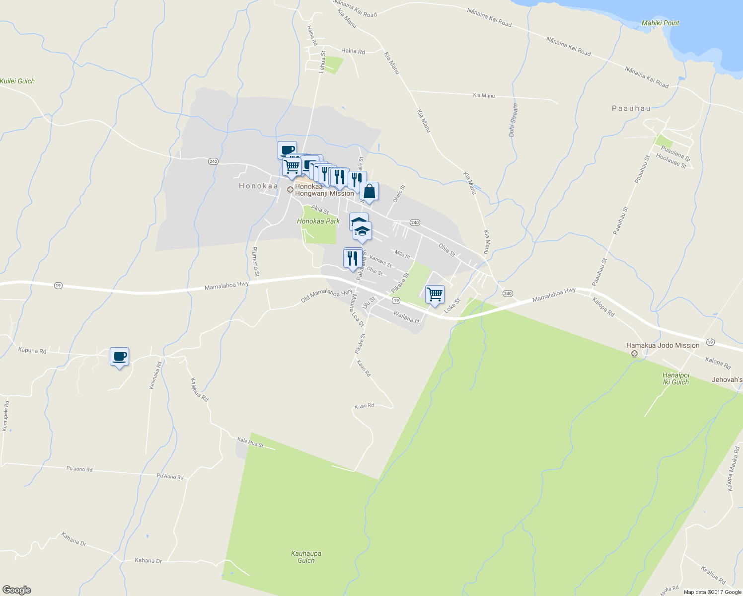 map of restaurants, bars, coffee shops, grocery stores, and more near 45-3328 Ulu Street in Honokaa
