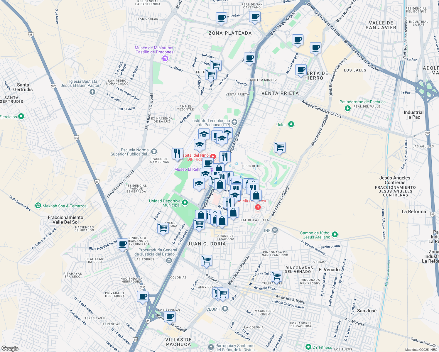 map of restaurants, bars, coffee shops, grocery stores, and more near Boulevard Felipe Ángeles in Pachuca