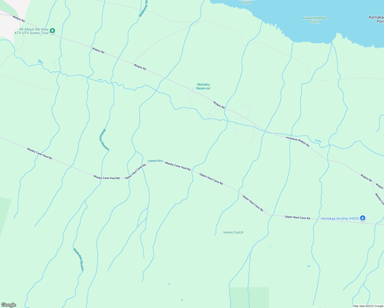 map of restaurants, bars, coffee shops, grocery stores, and more near Mauka Cane Haul Road in Honokaa