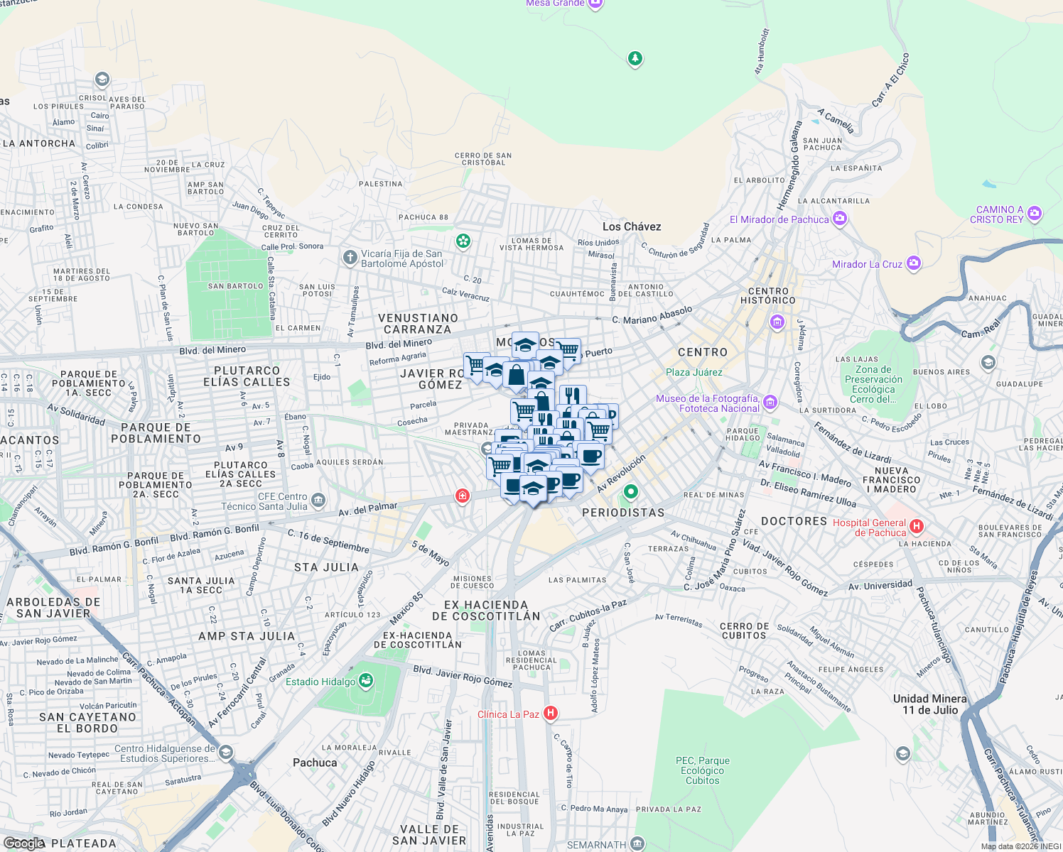 map of restaurants, bars, coffee shops, grocery stores, and more near in Pachuca de Soto