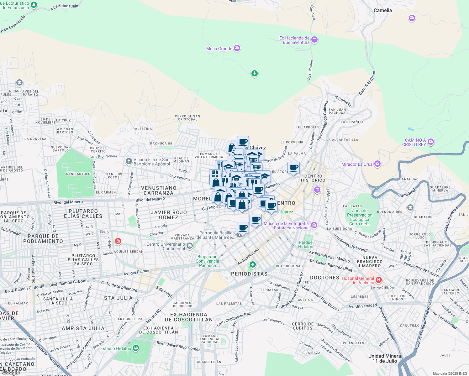 map of restaurants, bars, coffee shops, grocery stores, and more near Calle Mariano Abasolo in Pachuca de Soto