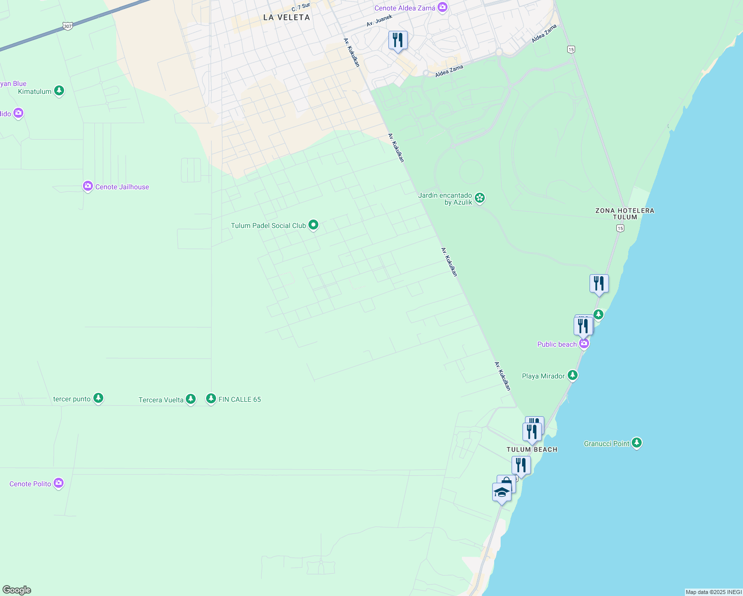 map of restaurants, bars, coffee shops, grocery stores, and more near Calle 39 poniente in Tulum