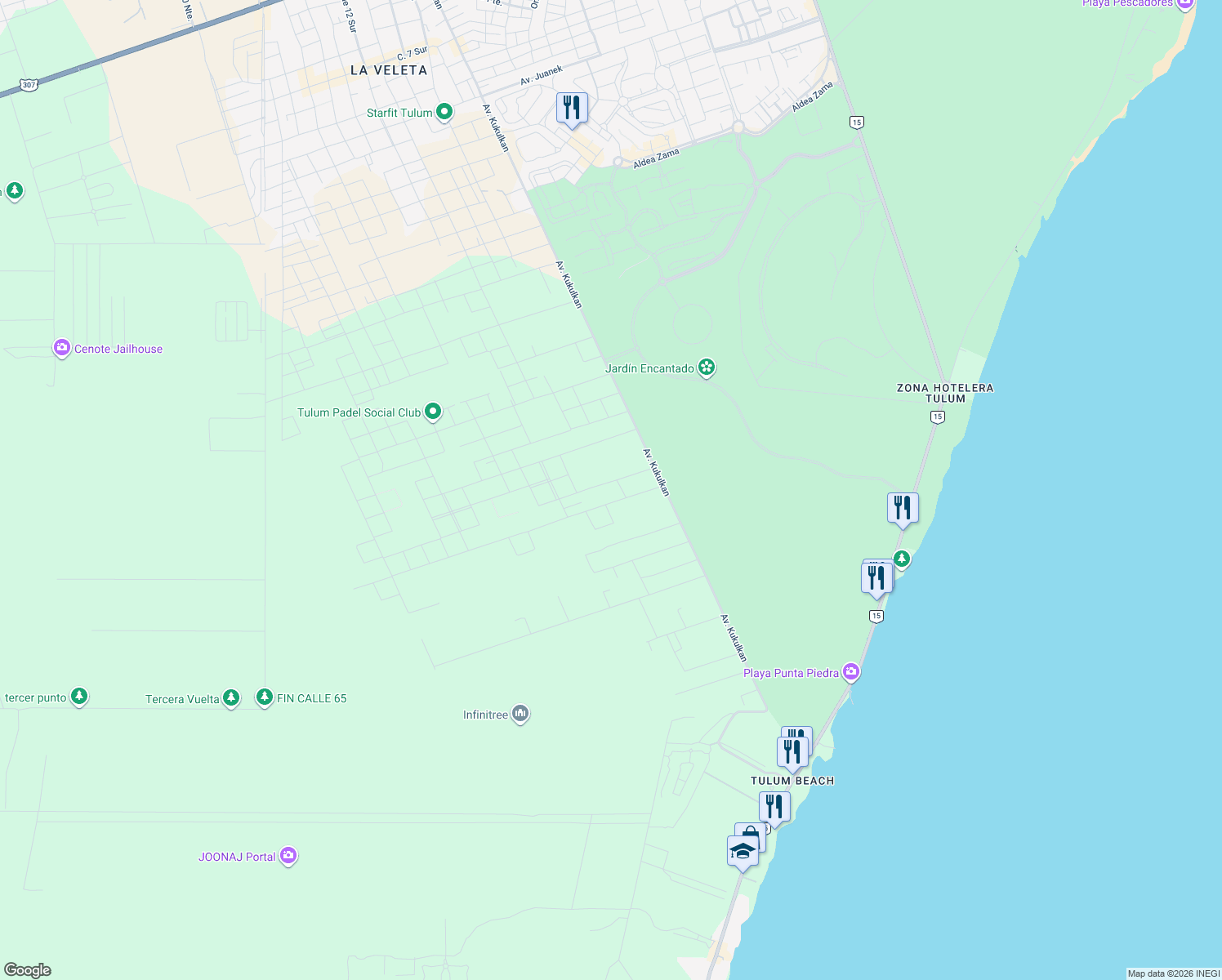 map of restaurants, bars, coffee shops, grocery stores, and more near Calle 39 in Tulum