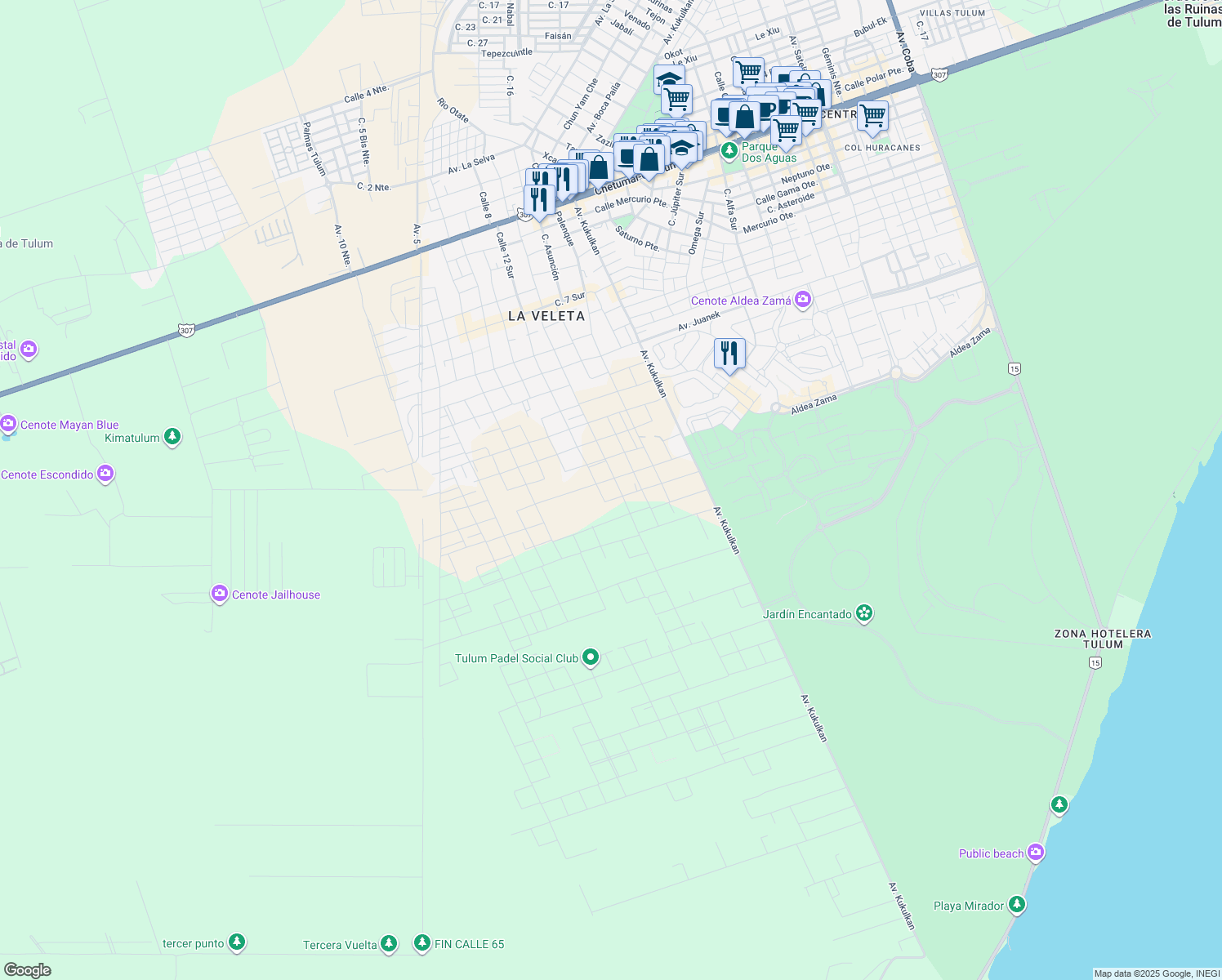 map of restaurants, bars, coffee shops, grocery stores, and more near Calle 8 Sur in Tulum