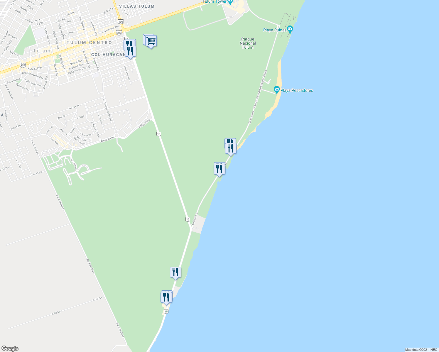 map of restaurants, bars, coffee shops, grocery stores, and more near Km. 4.1 Carretera Tulum-Boca Paila in Tulum
