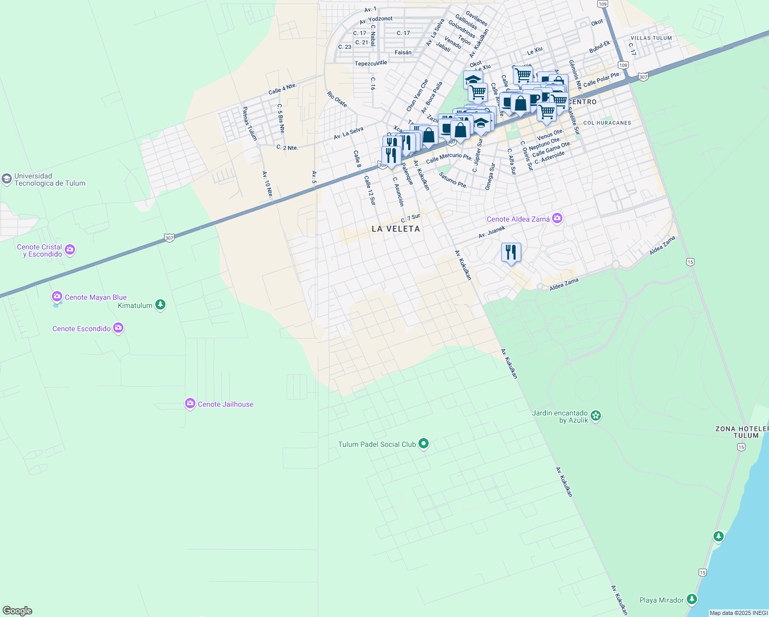 map of restaurants, bars, coffee shops, grocery stores, and more near Calle 8 Sur in Tulum