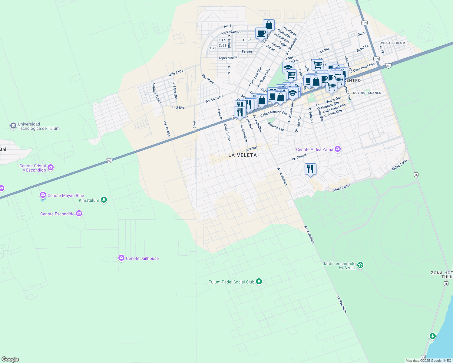 map of restaurants, bars, coffee shops, grocery stores, and more near Calle 8 Sur in Tulum