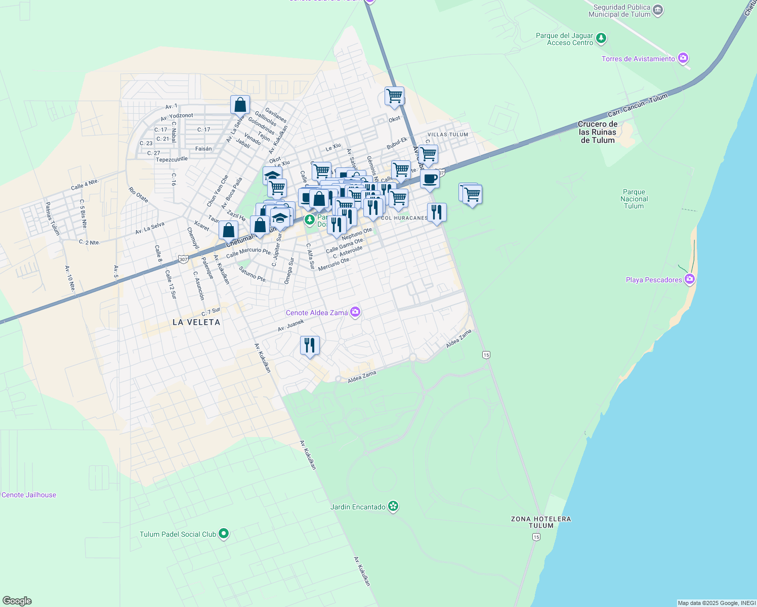 map of restaurants, bars, coffee shops, grocery stores, and more near Aldea Zama in Tulum