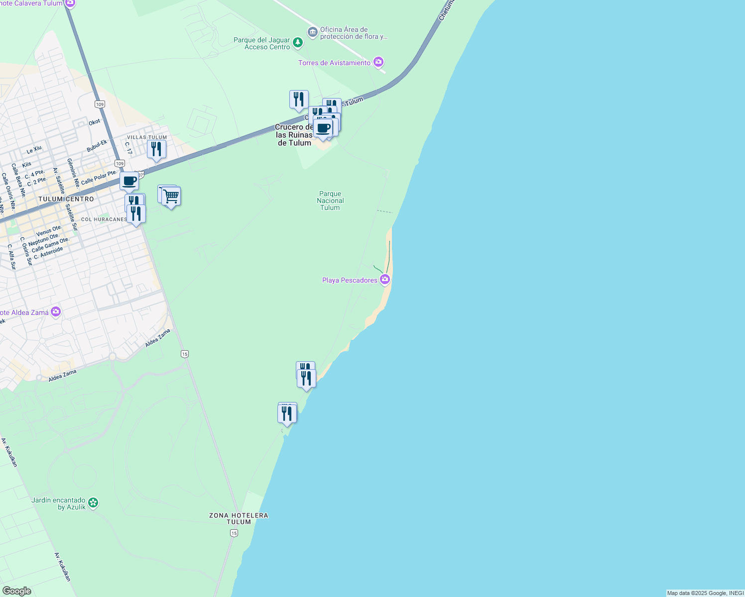 map of restaurants, bars, coffee shops, grocery stores, and more near Avenida Kukulkan in Tulum