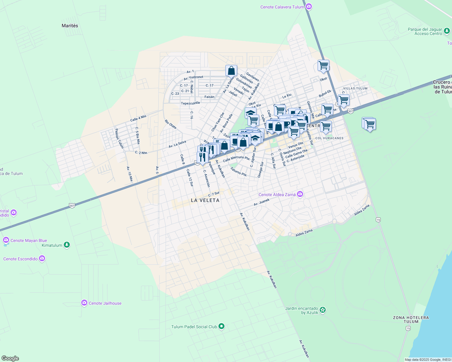 map of restaurants, bars, coffee shops, grocery stores, and more near Avenida Kukulkan in Tulum