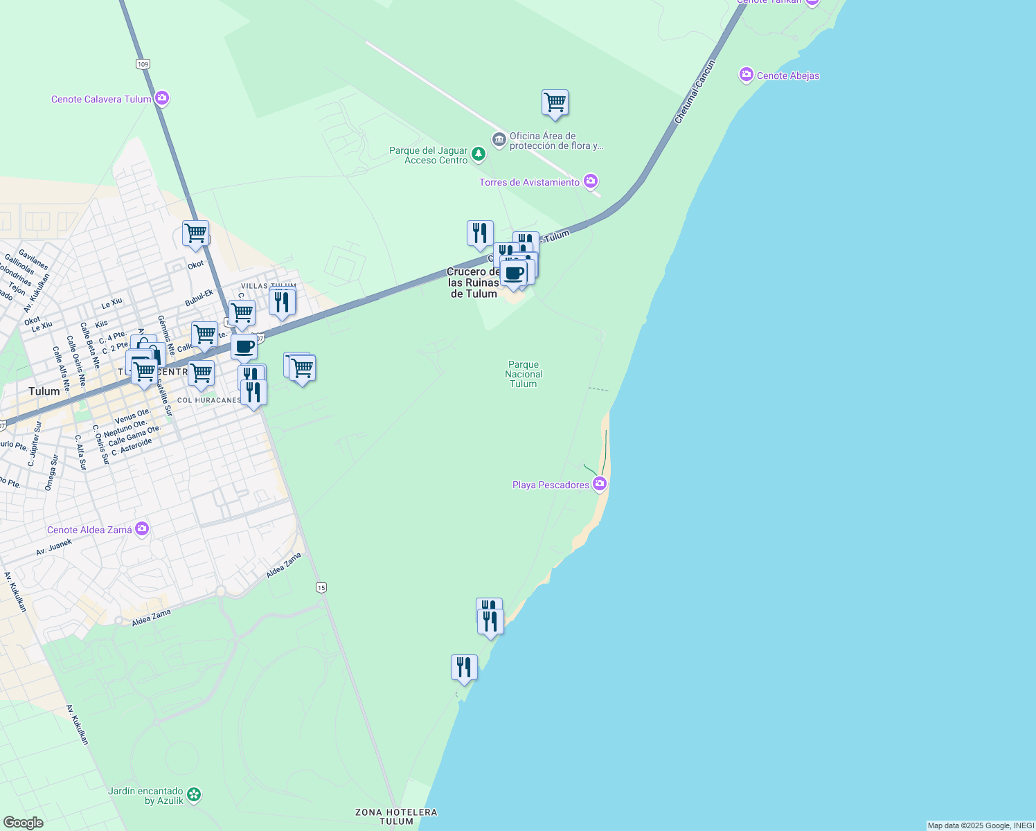 map of restaurants, bars, coffee shops, grocery stores, and more near in Tulum