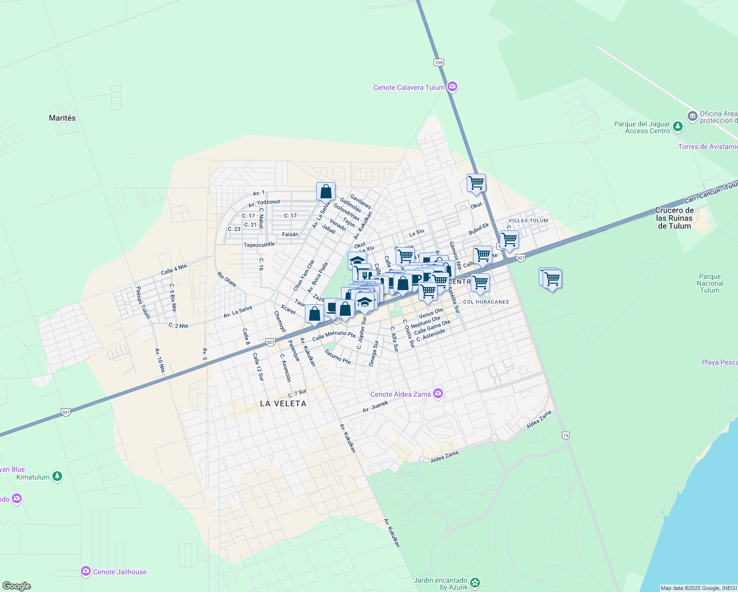 map of restaurants, bars, coffee shops, grocery stores, and more near Avenida Kukulkan in Tulum