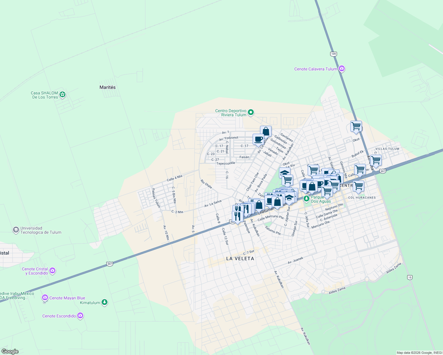 map of restaurants, bars, coffee shops, grocery stores, and more near Calle 39 in Tulum