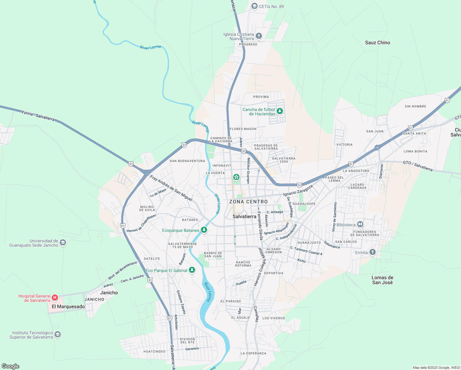 map of restaurants, bars, coffee shops, grocery stores, and more near 312 Calle Francisco I. Madero in Salvatierra