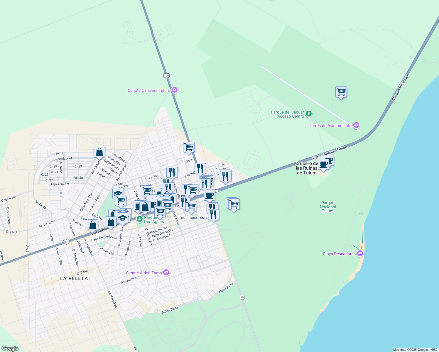 map of restaurants, bars, coffee shops, grocery stores, and more near 103 Calle 3 Sur in Tulum