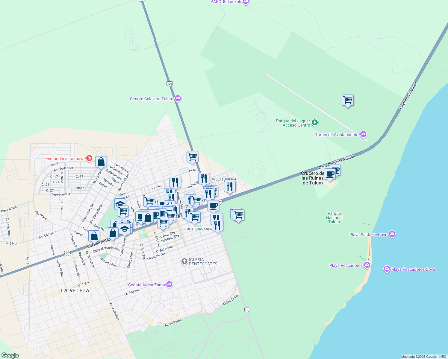 map of restaurants, bars, coffee shops, grocery stores, and more near 103 Calle 3 Sur in Tulum