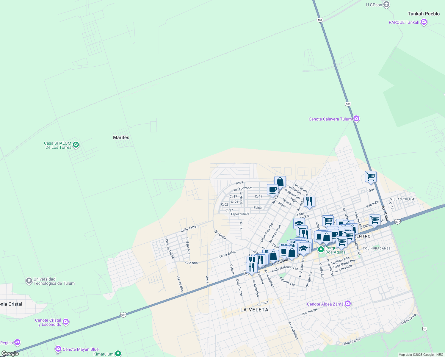 map of restaurants, bars, coffee shops, grocery stores, and more near Calle Palma in Tulum