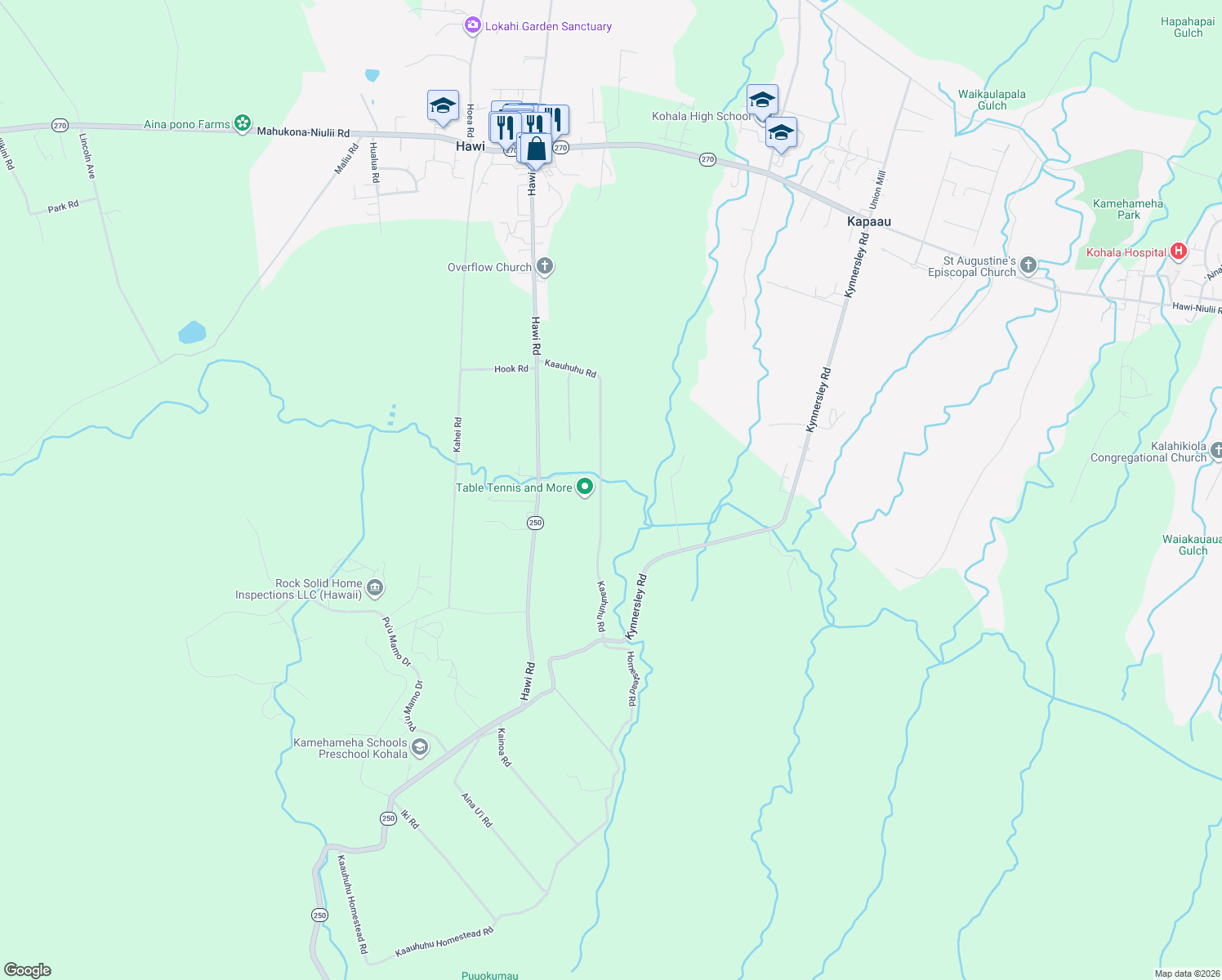 map of restaurants, bars, coffee shops, grocery stores, and more near 55-3551 Kaauhuhu Road in Waimea