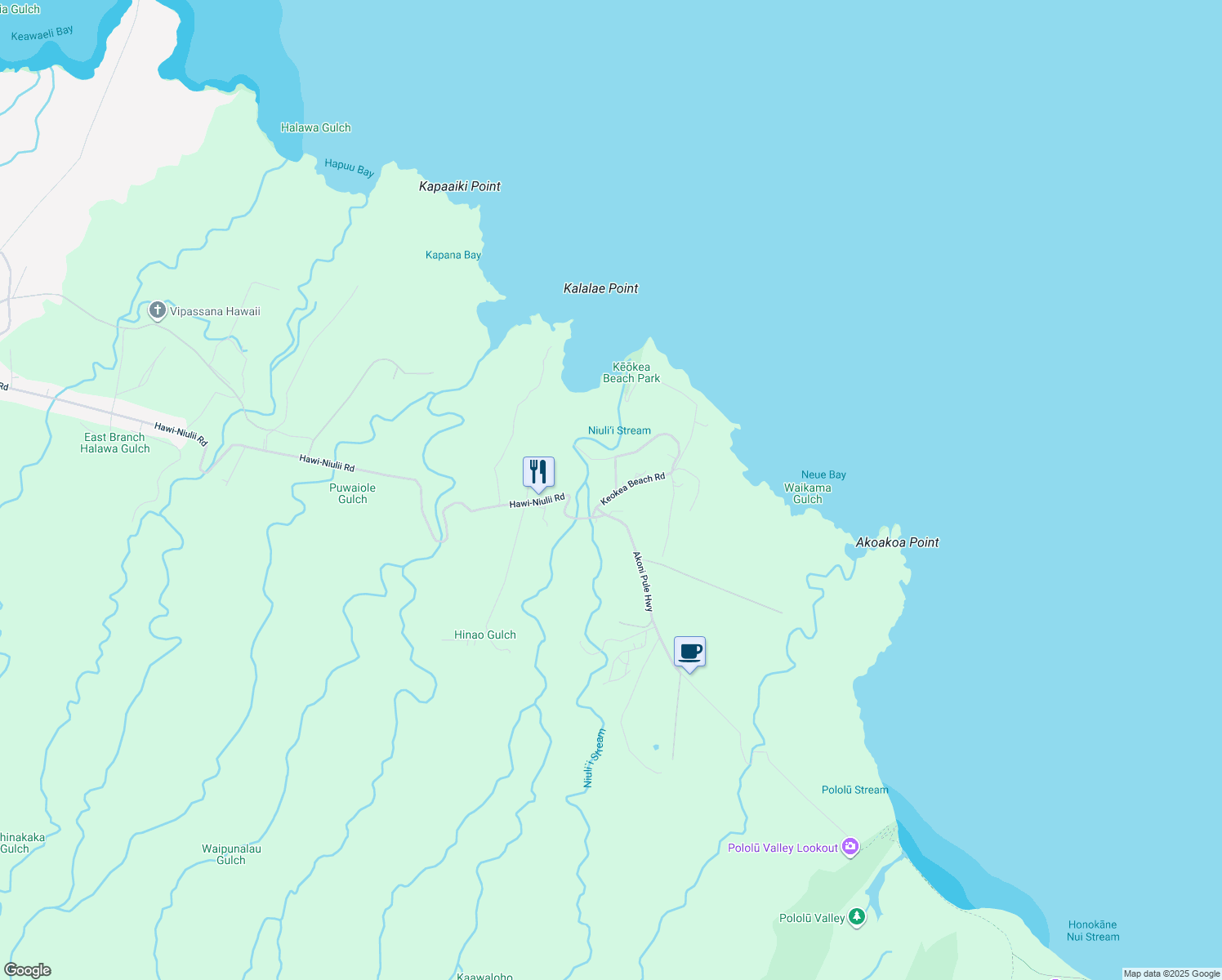 map of restaurants, bars, coffee shops, grocery stores, and more near 52-280 Keokea Beach Road in Kapaau