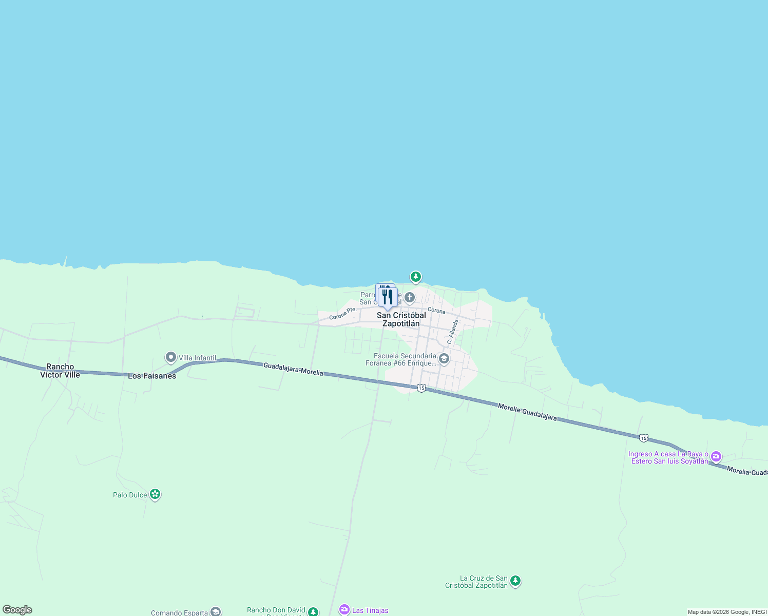 map of restaurants, bars, coffee shops, grocery stores, and more near 33 Corona Poniente in San Cristóbal Zapotitlán