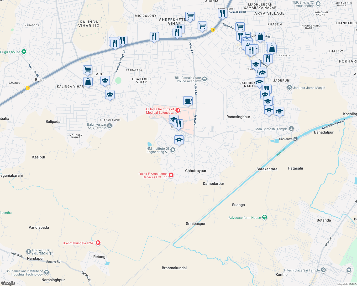 map of restaurants, bars, coffee shops, grocery stores, and more near Doon International School Road in Bhubaneswar