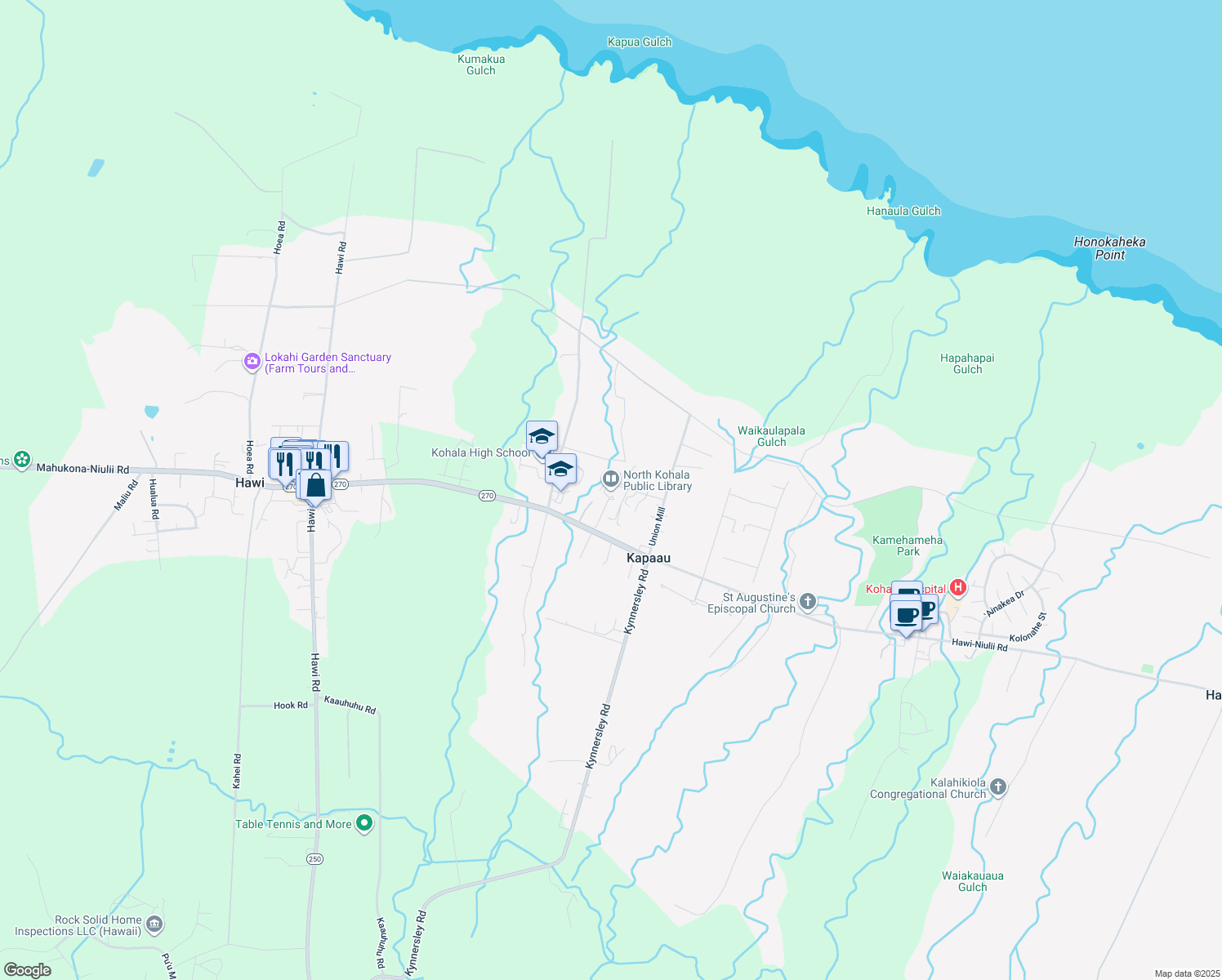 map of restaurants, bars, coffee shops, grocery stores, and more near 54-3645 Akoni Pule Highway in Kapaau