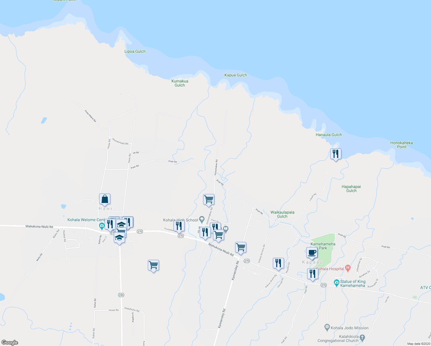 map of restaurants, bars, coffee shops, grocery stores, and more near Honomakau Road in Kapaau