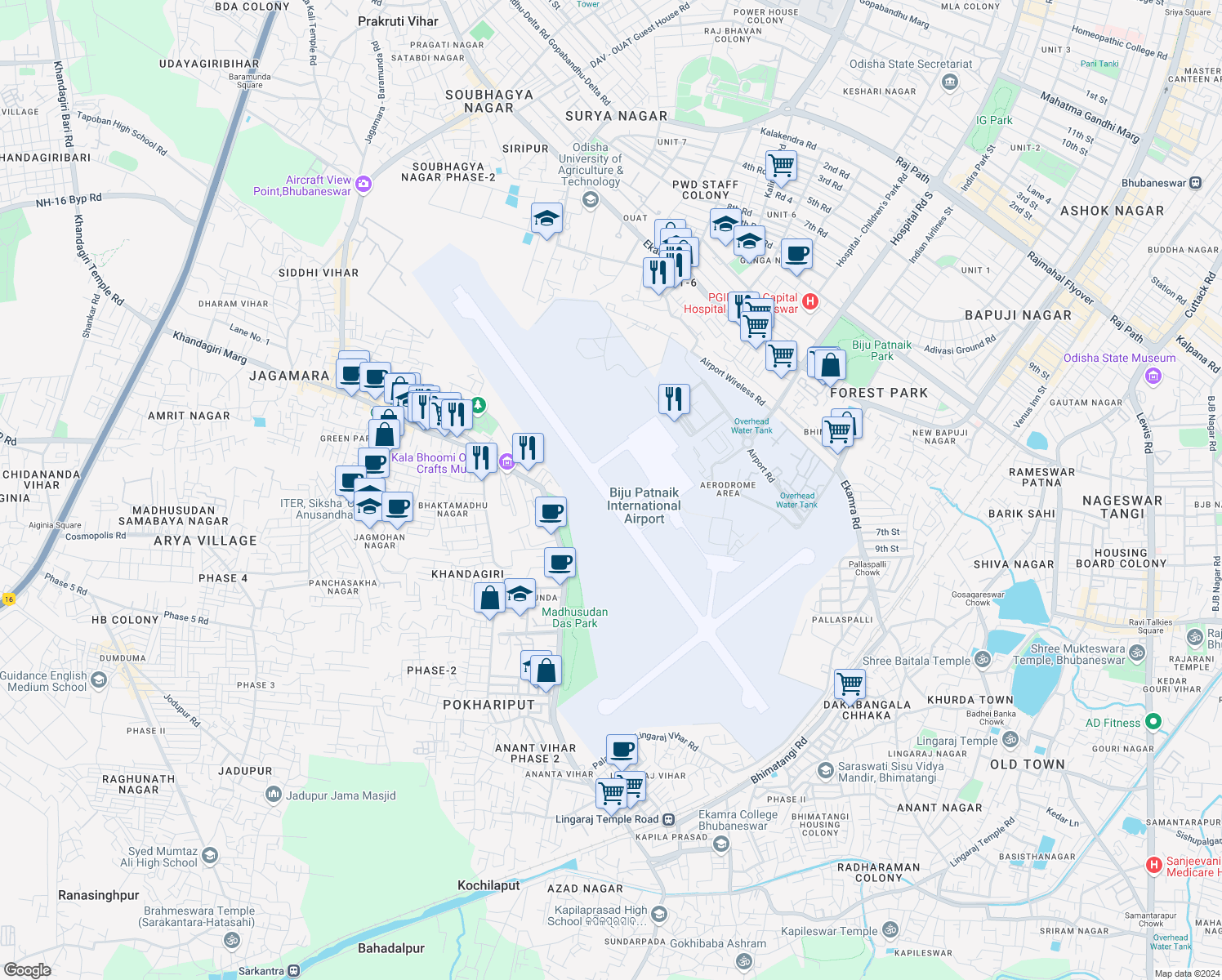 map of restaurants, bars, coffee shops, grocery stores, and more near in Bhubaneswar