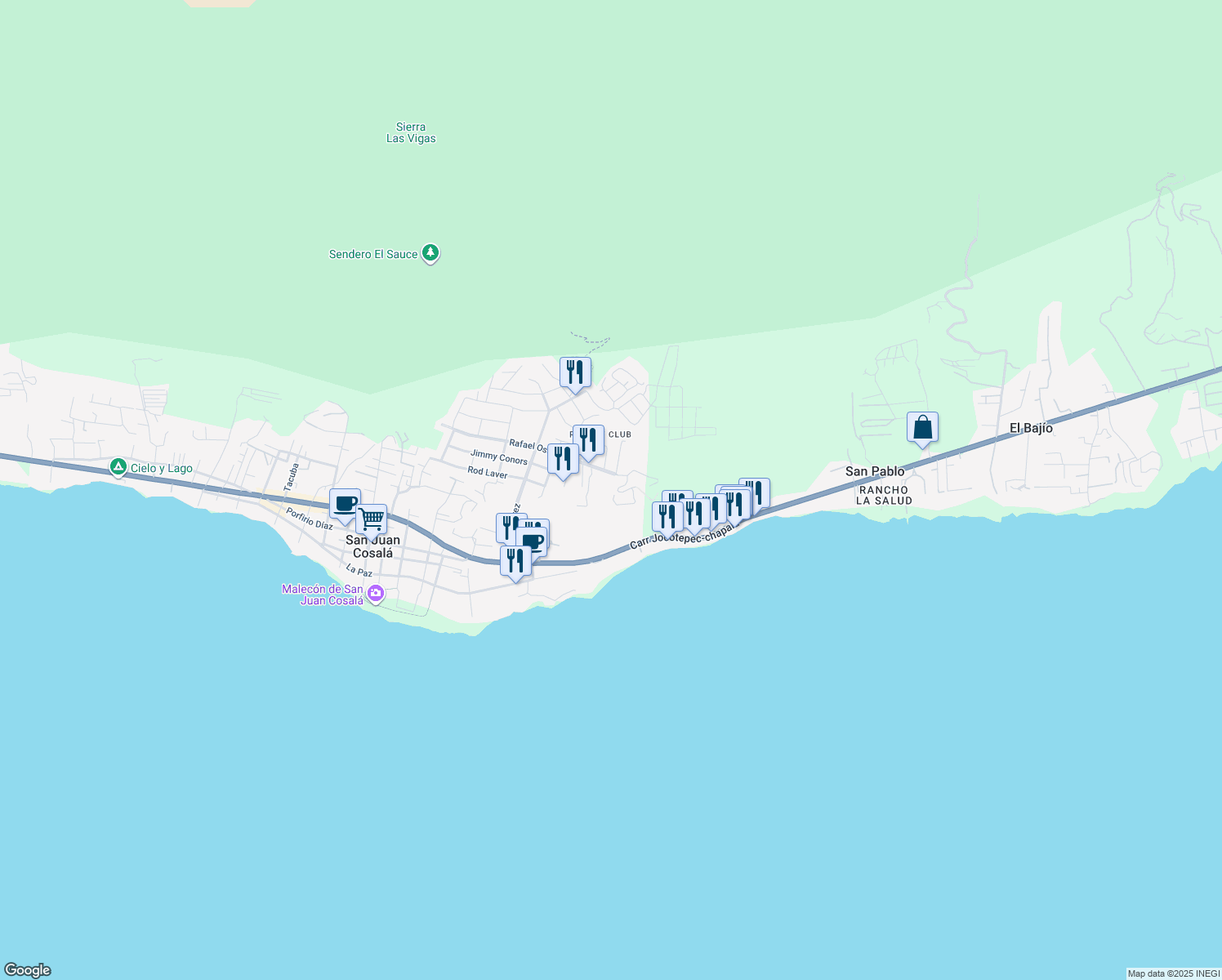 map of restaurants, bars, coffee shops, grocery stores, and more near Rafael Osuna in San Juan Cosalá