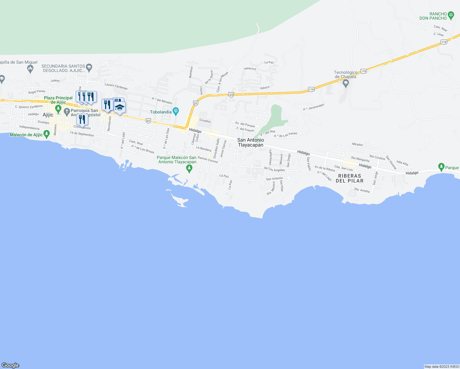 map of restaurants, bars, coffee shops, grocery stores, and more near 147 Privada La Paz in Ajijic