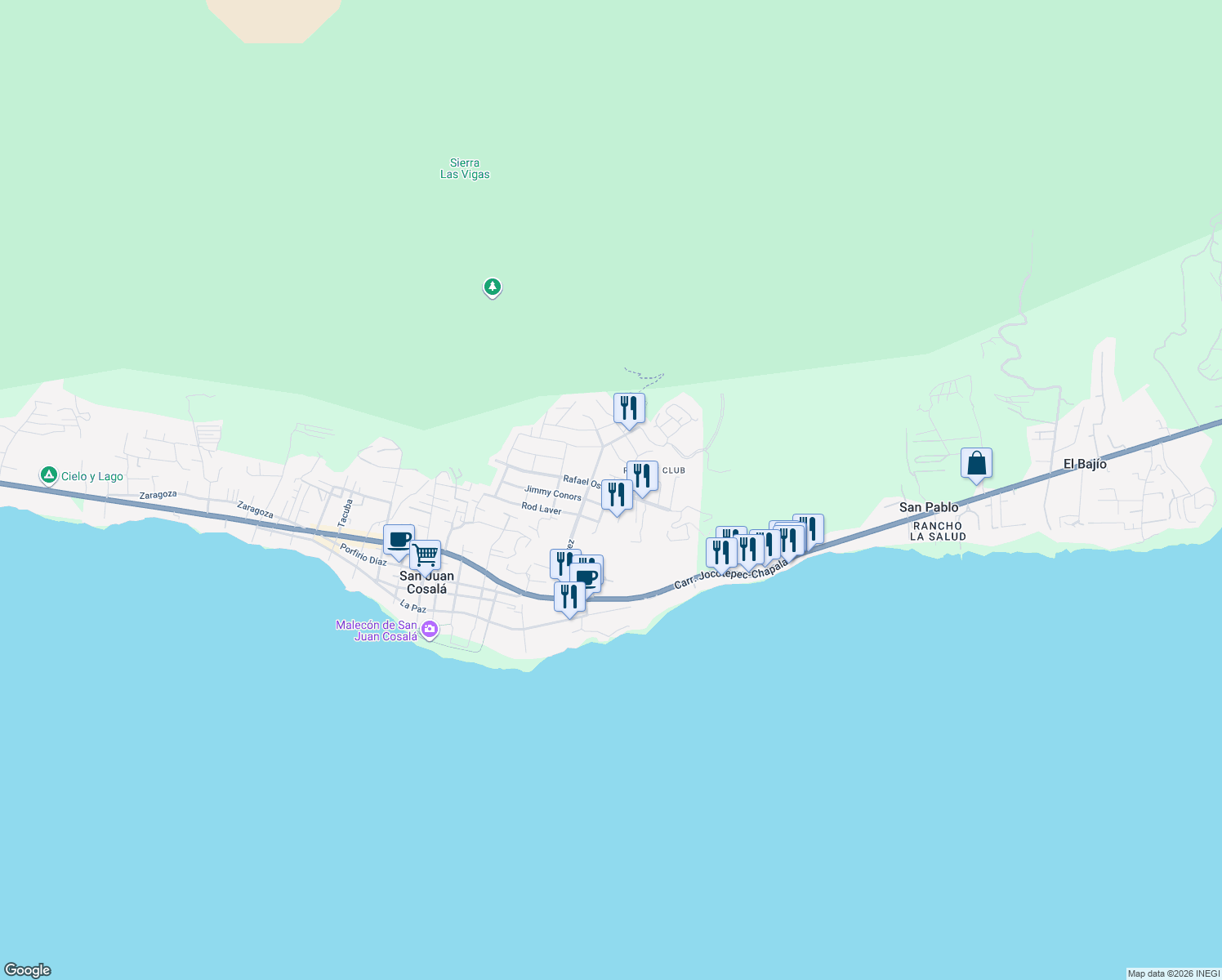 map of restaurants, bars, coffee shops, grocery stores, and more near Rafael Osuna in San Juan Cosalá