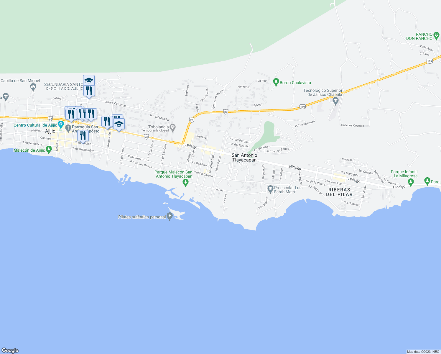 map of restaurants, bars, coffee shops, grocery stores, and more near 104a Ramón Corona in Ajijic