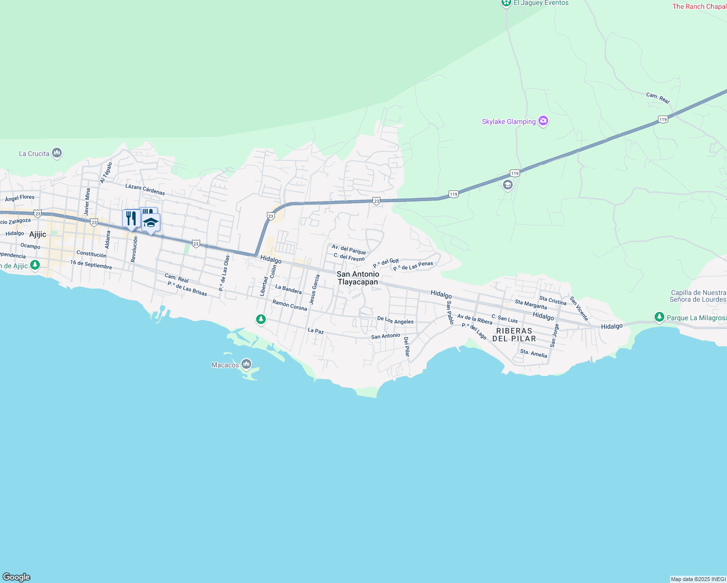 map of restaurants, bars, coffee shops, grocery stores, and more near 10 Calle Arroyo Hondo in Ajijic