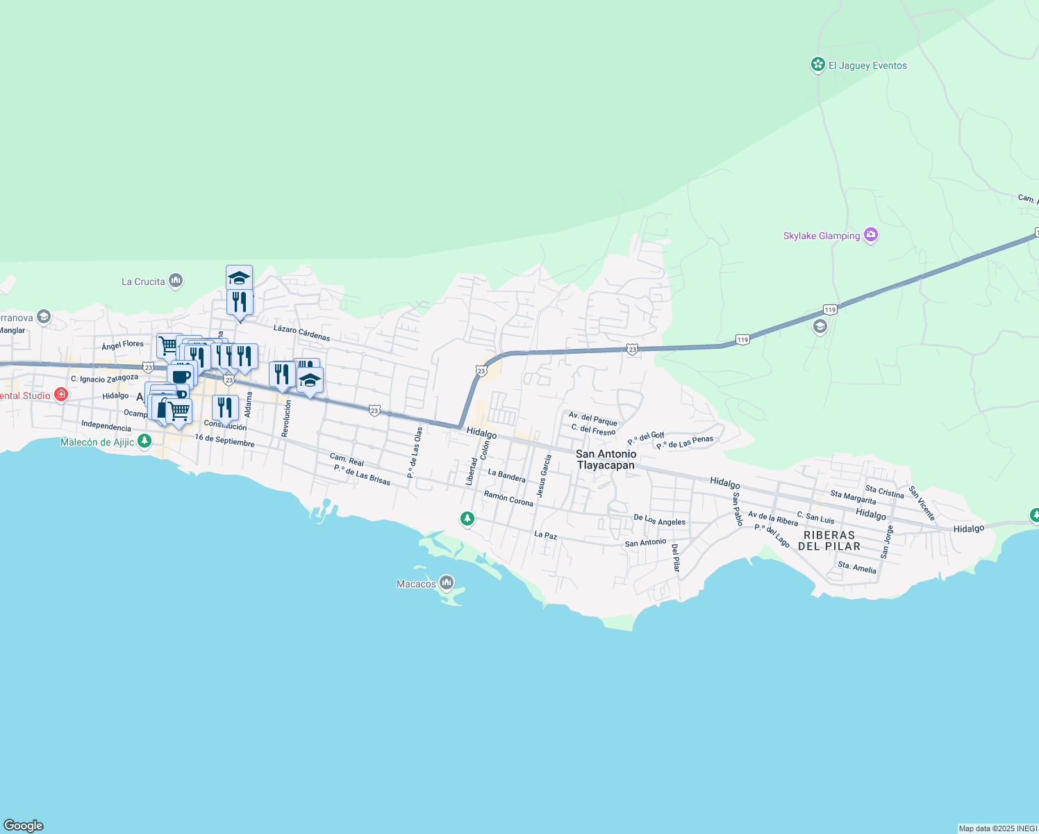 map of restaurants, bars, coffee shops, grocery stores, and more near 150 Allen W. Lloyd in Ajijic