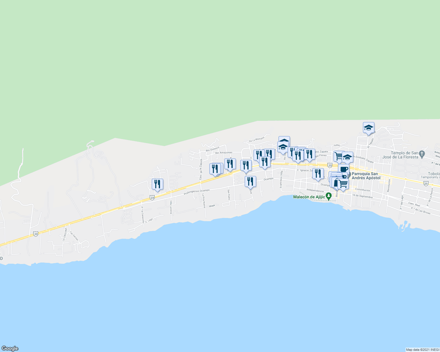 map of restaurants, bars, coffee shops, grocery stores, and more near 508 Poniente in Ajijic