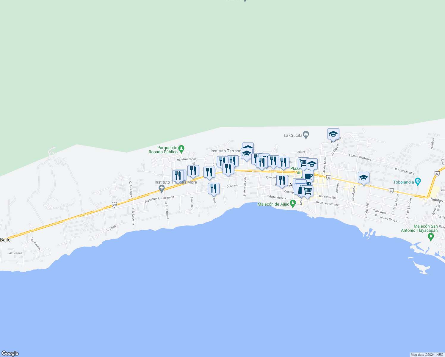 map of restaurants, bars, coffee shops, grocery stores, and more near Núm. 165 Zaragoza in Ajijic